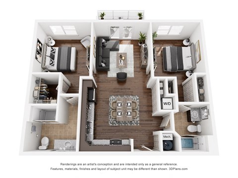 Floor plan for 2 beds, 2 baths, 996 sqft